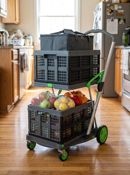 EasyRoll trolley loaded as a grocery kit: insulated tote in the top crate, crate with jars on the lower shelf, mesh produce bags