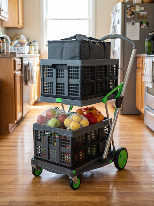 EasyRoll trolley loaded as a grocery kit: insulated tote in the top crate, crate with jars on the lower shelf, mesh produce bags