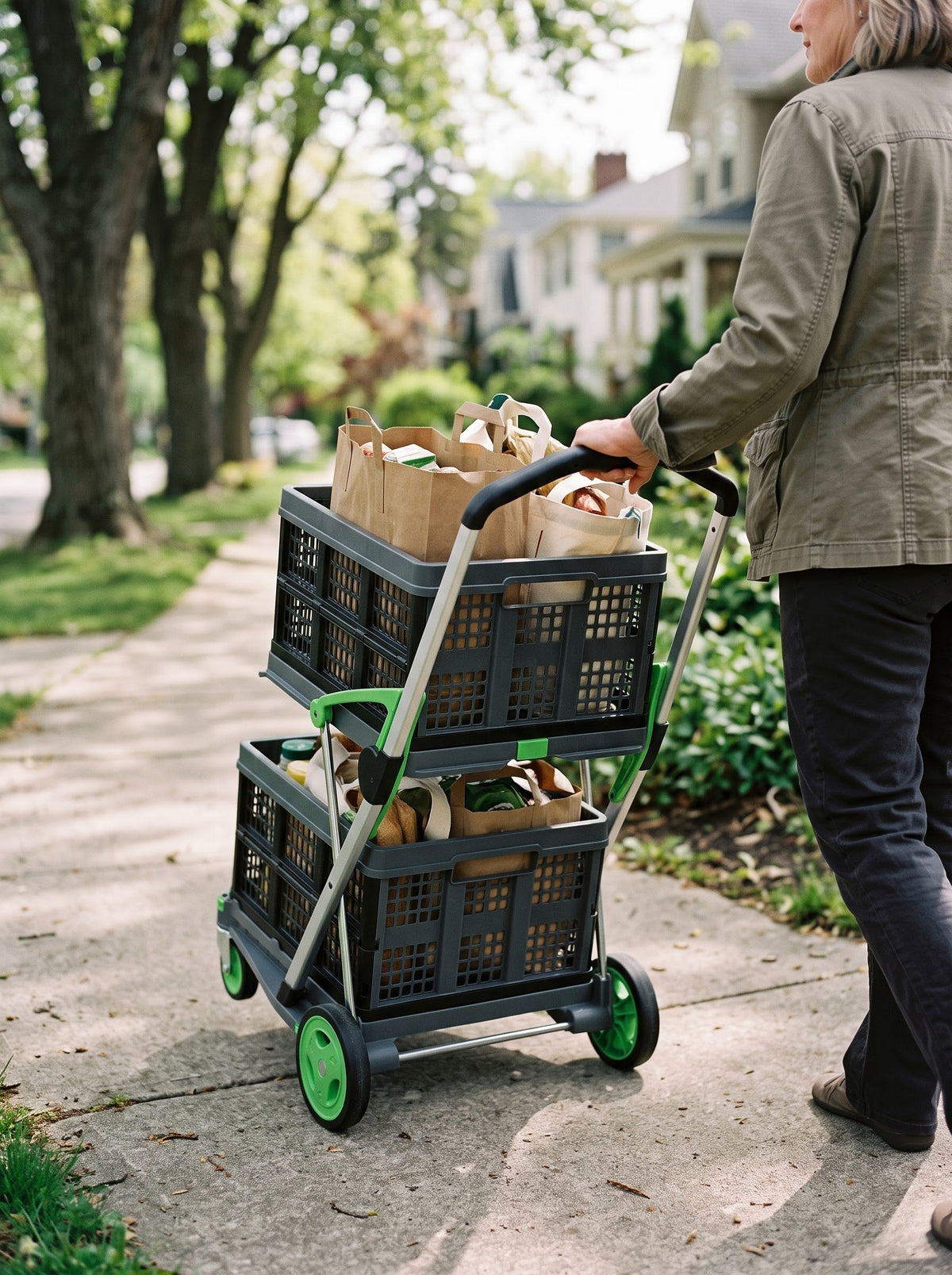 EasyRoll trolley with groceries on a tree-lined sidewalk
