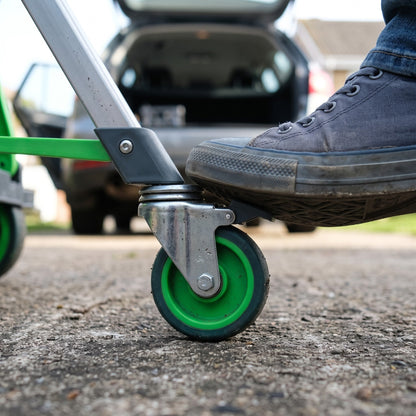Close-up of the foot brake on the EasyRoll trolley's swivel wheel