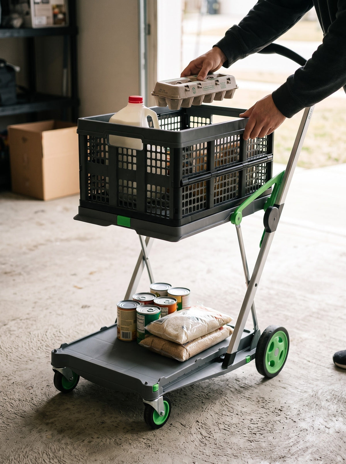 Step 2 - Load: eggs and milk into the top crate, cans on the lower shelf