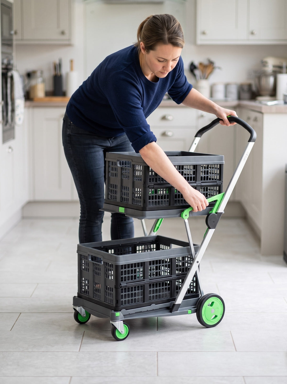 Step 1 - Open: unfolding the EasyRoll trolley in the kitchen