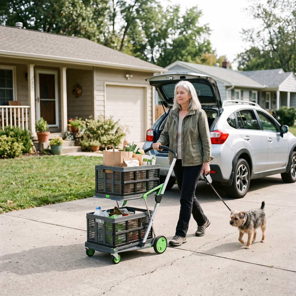 Woman walking her dog while pushing the EasyRoll trolley from her car