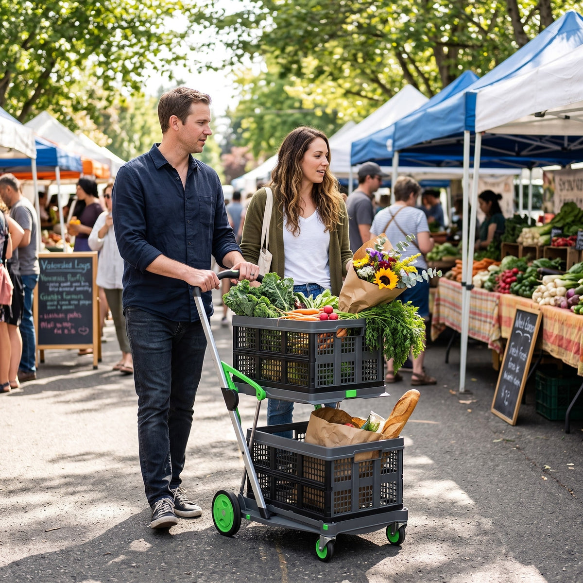 Couple at a farmers market with the EasyRoll trolley full of vegetables