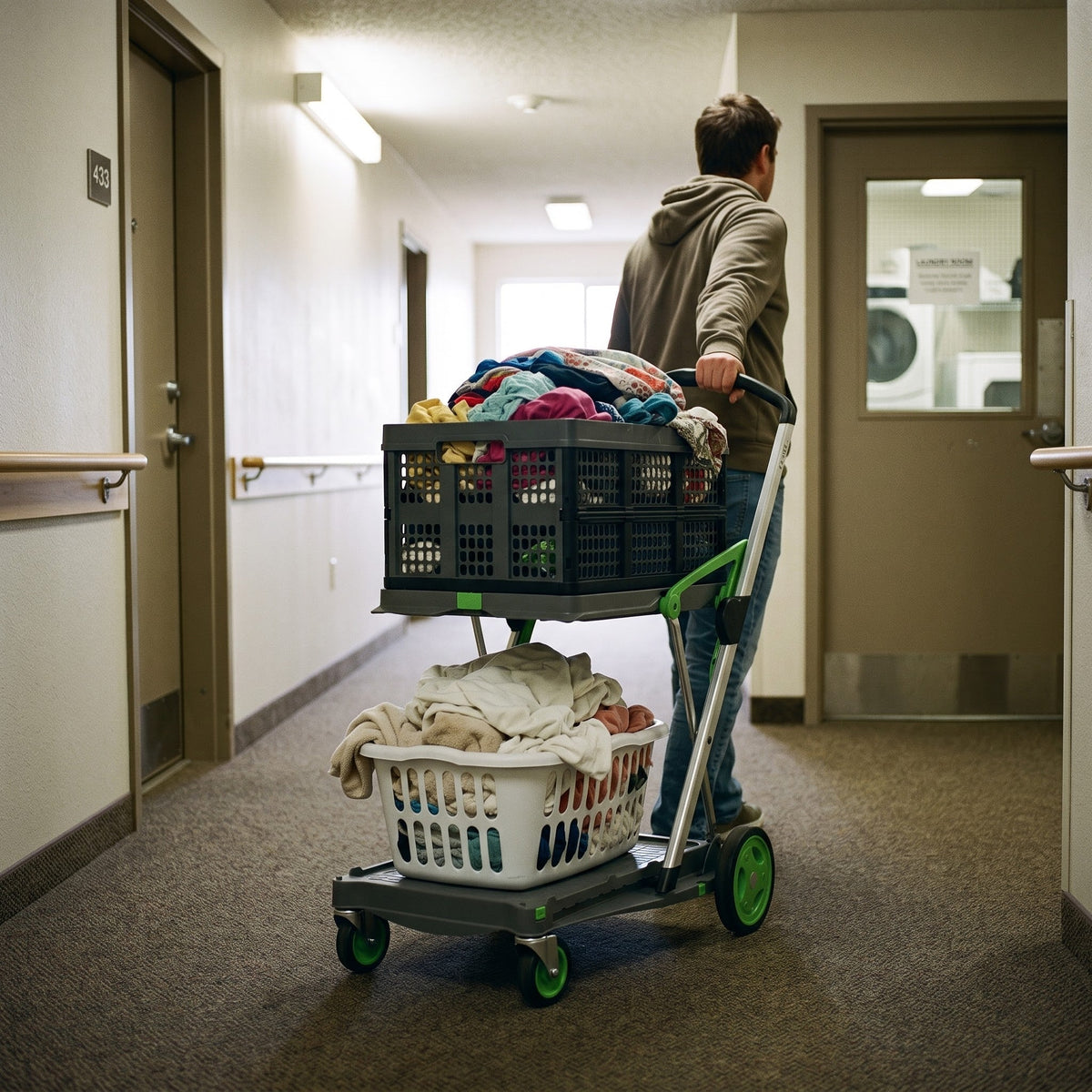 EasyRoll trolley carrying two laundry baskets to the laundry room
