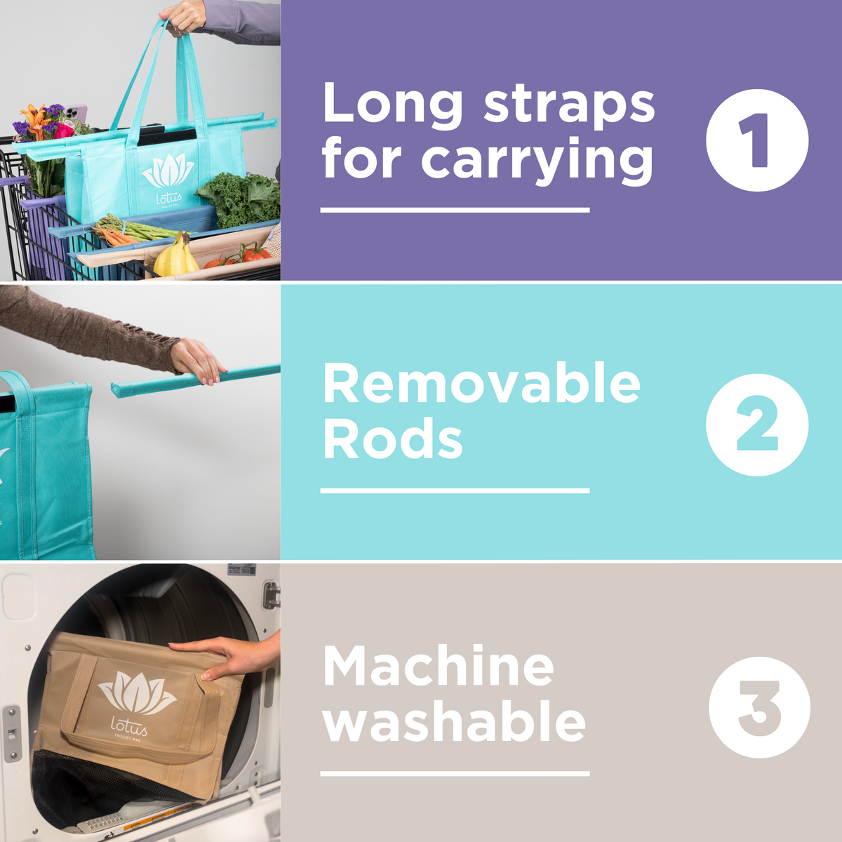 Lotus Trolley Bags — Set of 4 Reusable Cart Bags with Insulated Cooler Bag – image 3