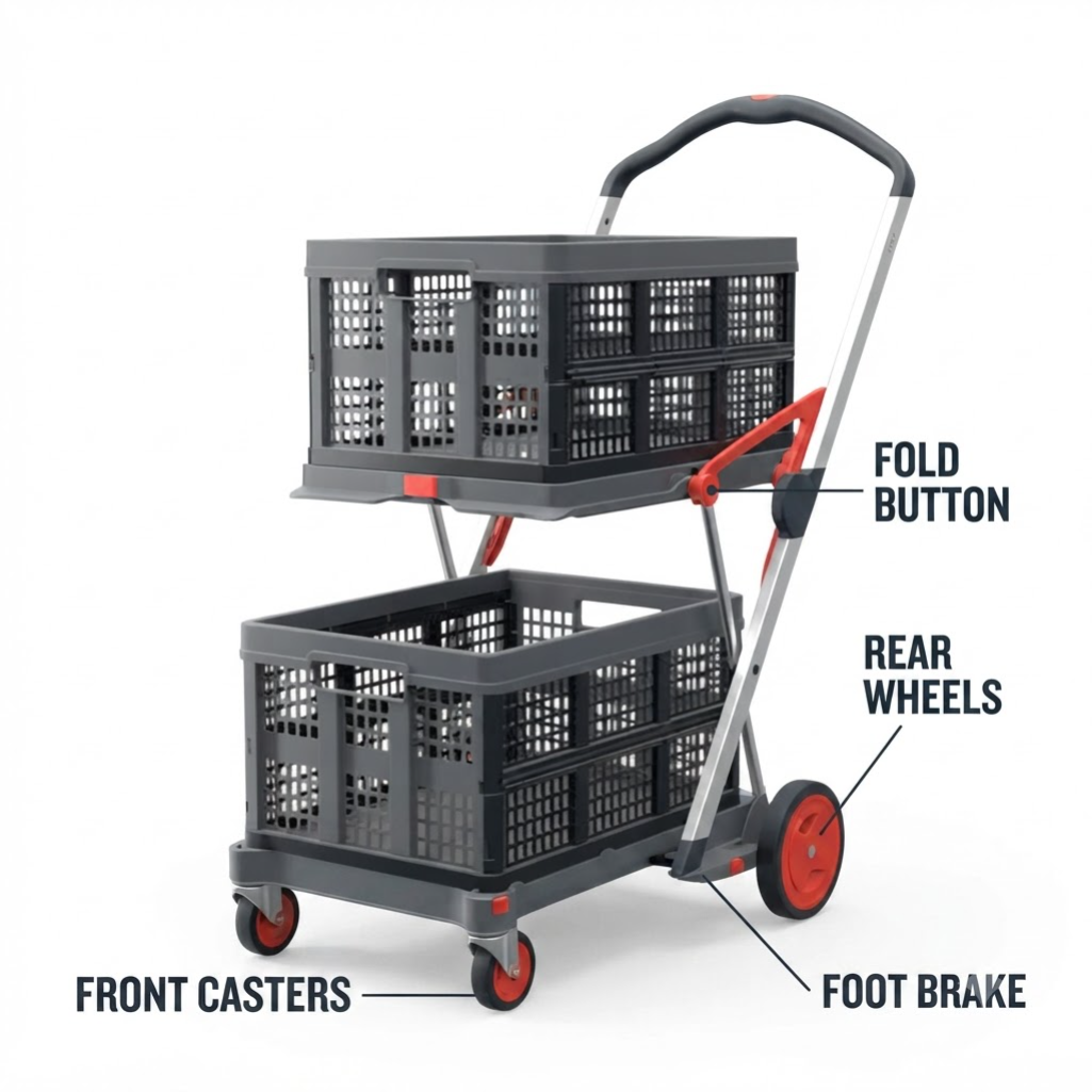 EasyRoll Folding Shopping Trolley — 2-Tier, 132 lb Capacity, Folds to 7 in – image 2