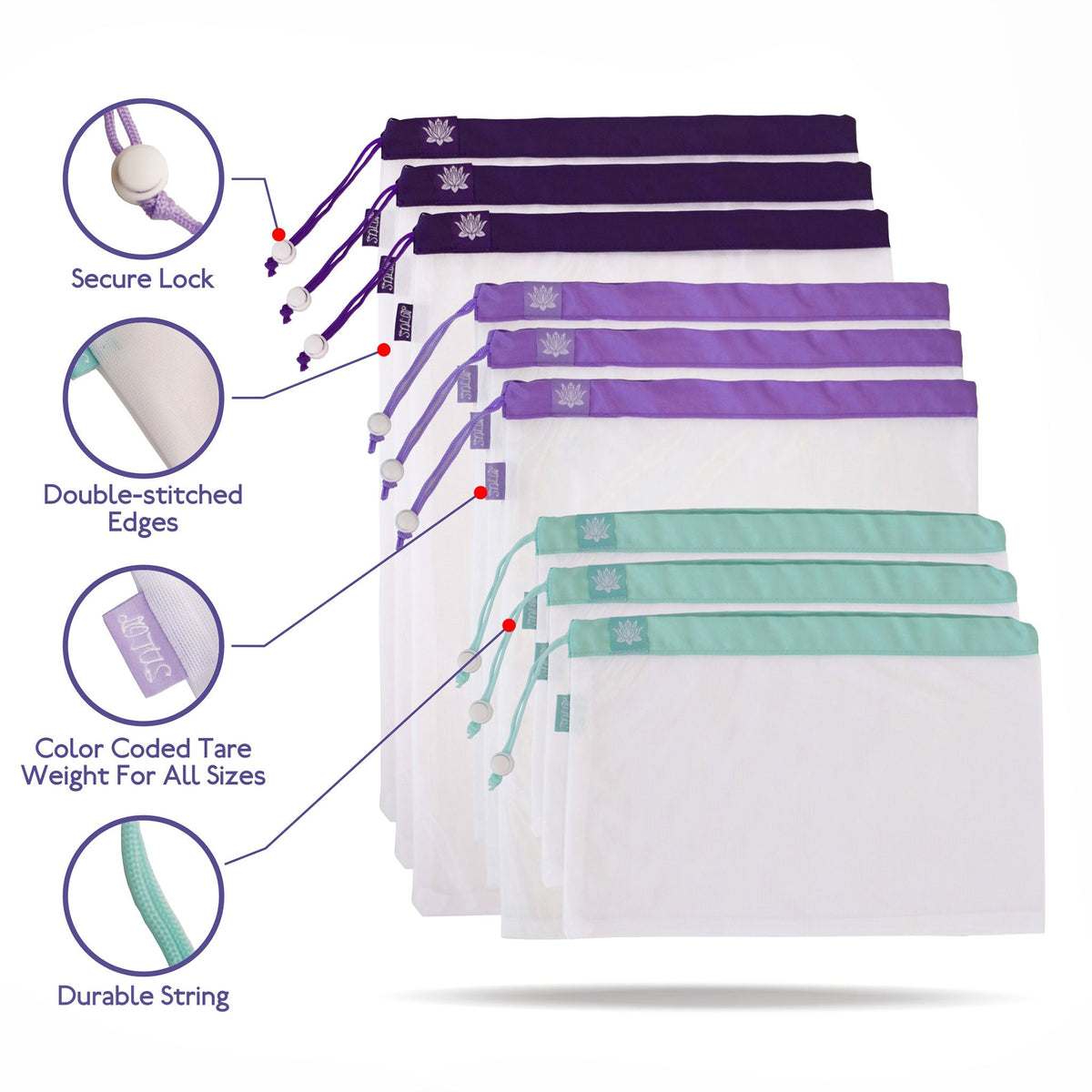 Lotus Produce Bags — Premium Mesh, Set of 9 (3 Sizes), Machine Washable – image 8