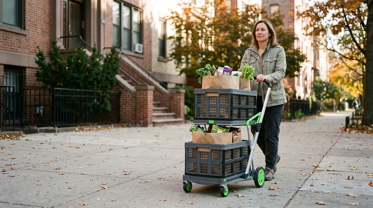 Woman pushing the EasyRoll trolley with groceries along a city sidewalk in autumn