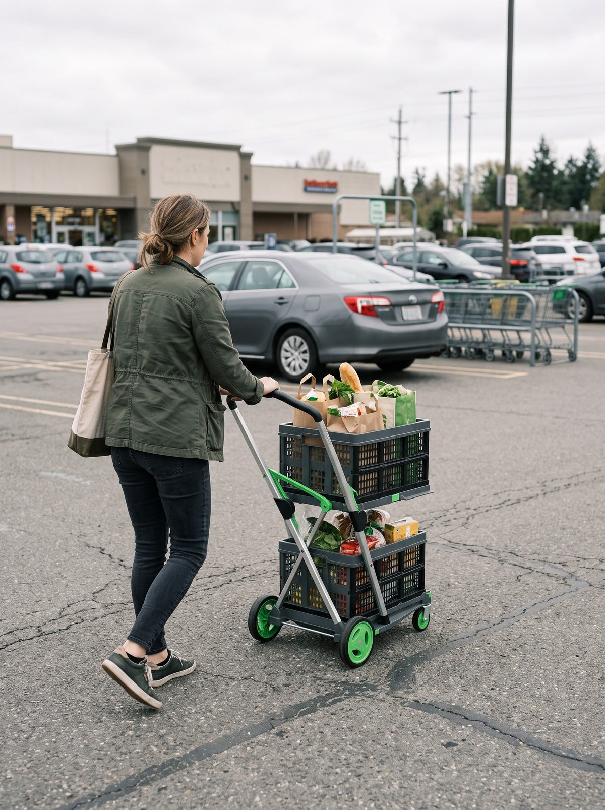 Pushing the EasyRoll trolley across a supermarket parking lot