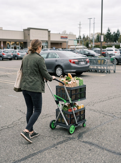 Pushing the EasyRoll trolley across a supermarket parking lot