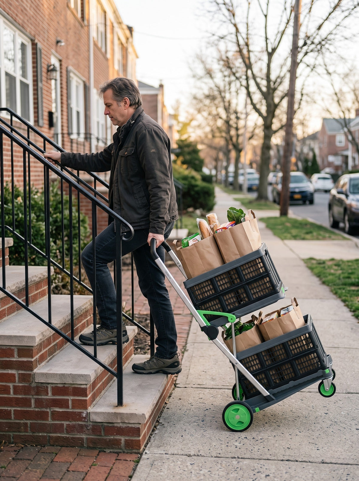 Pulling the loaded EasyRoll trolley up the front steps of a townhouse